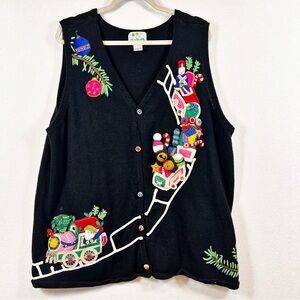 Vtg. Quacker Factory Christmas Cardigan Sweater 3X Knit 3D Embroidered Bauble
